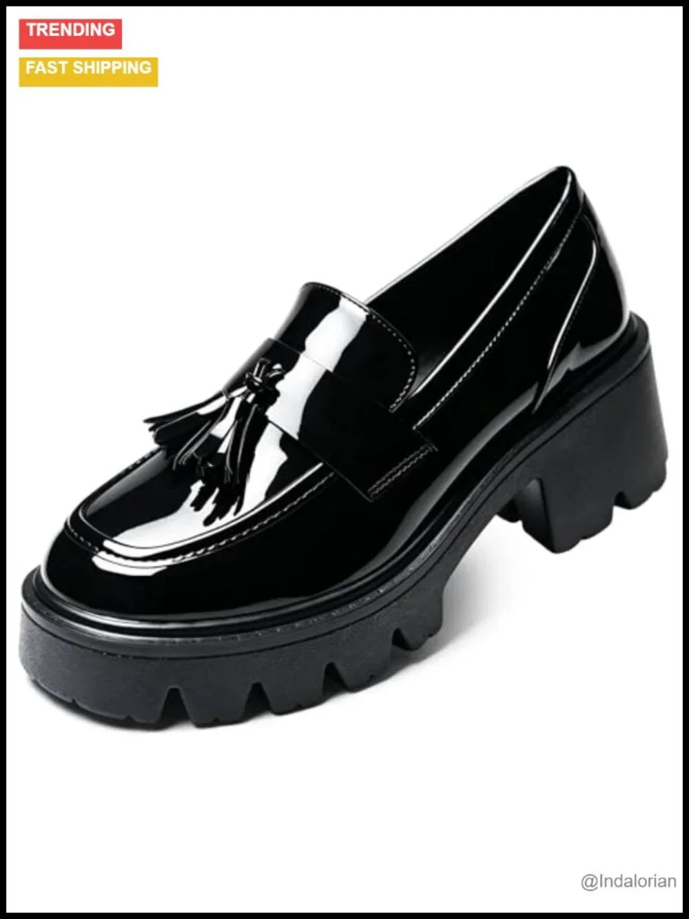 Women's Tassel Platform Loafers Chunky Heel Lug Sole Slip On Patent Leather